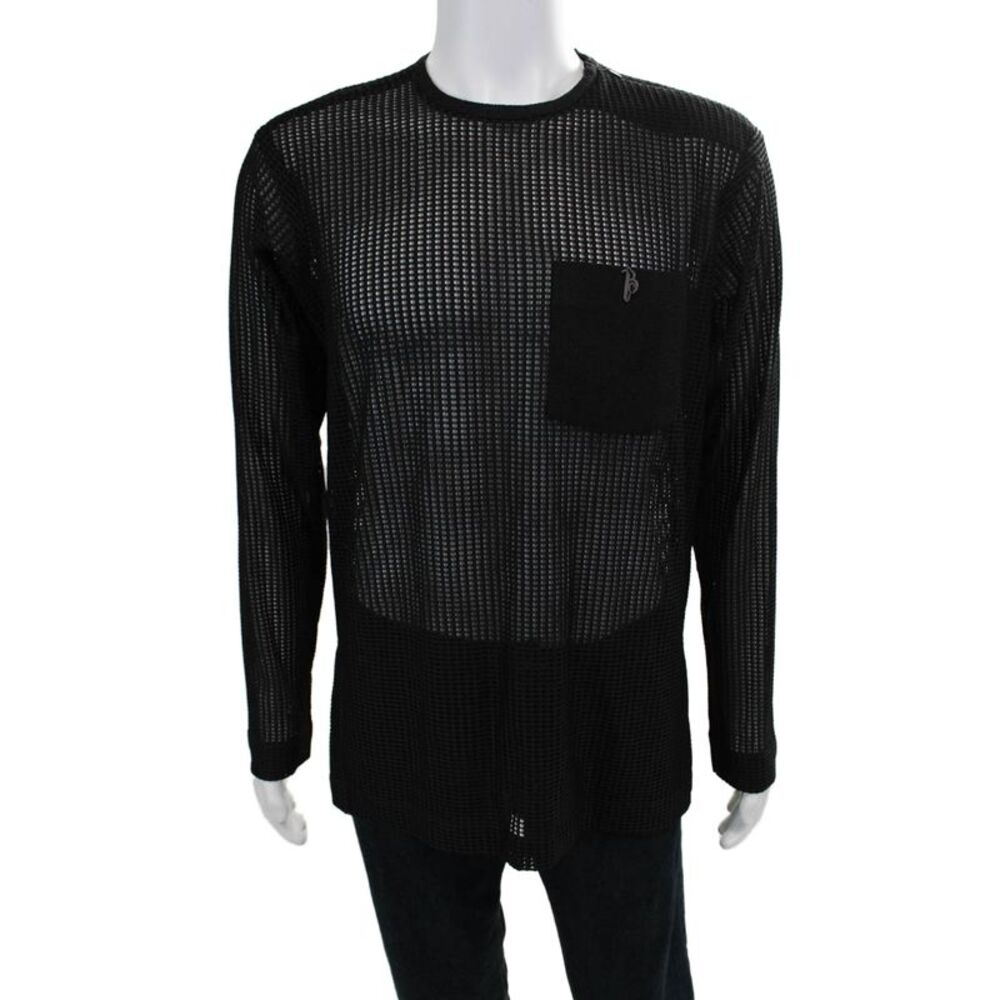 Biglommoz Mens Mesh Round Neck Long Sleeve Shirt Black Size M
